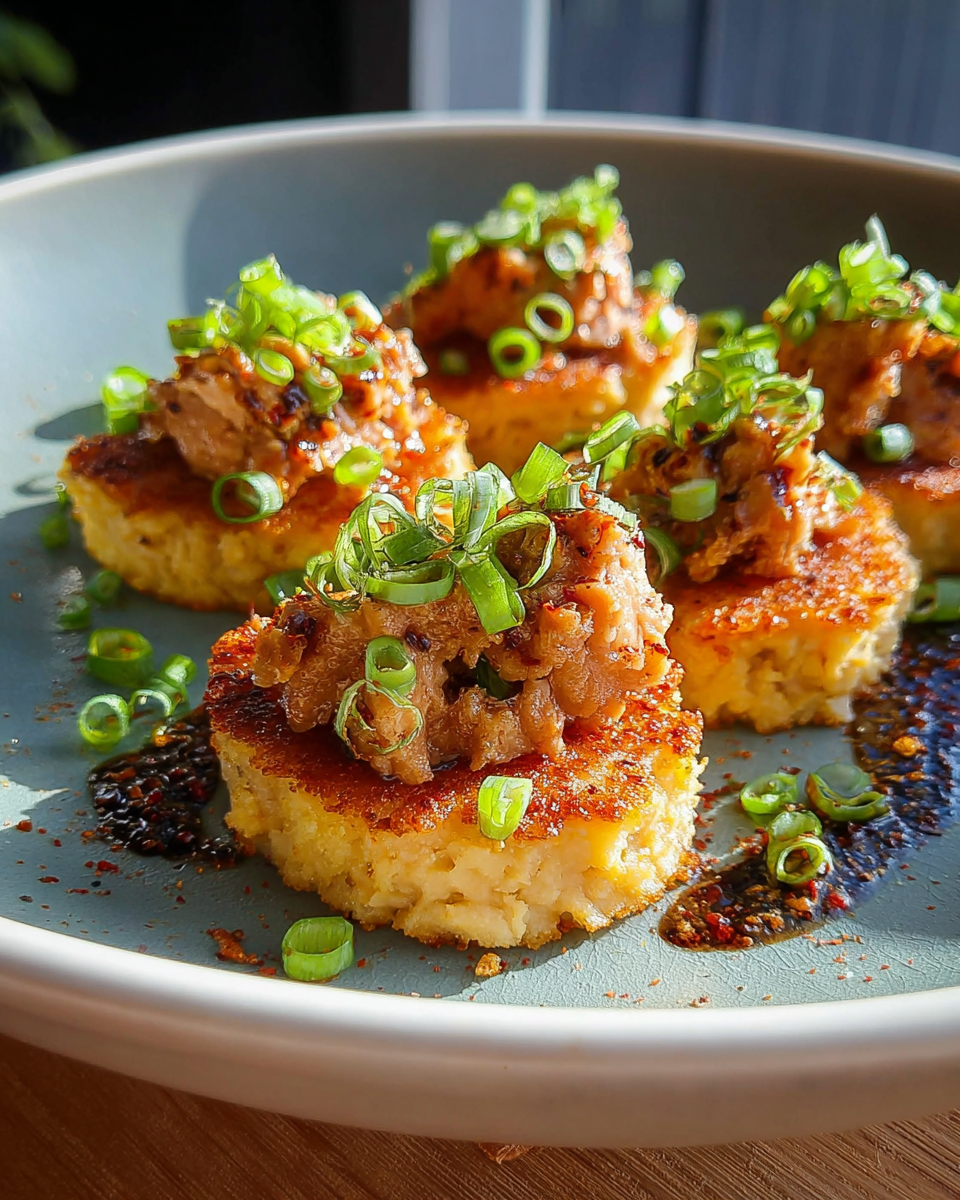 Crispy Rice Cakes with Spicy Tuna-Style Chickpea Mash