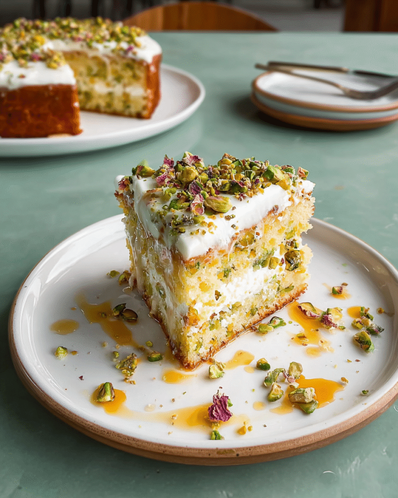 pistachio rose tres leches cake