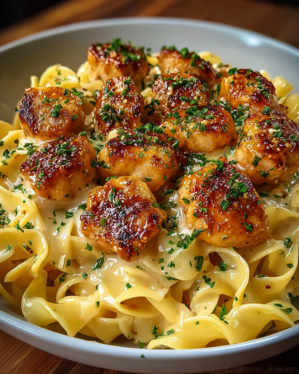 Garlic Butter Chicken Bites with Creamy Parmesan Pasta