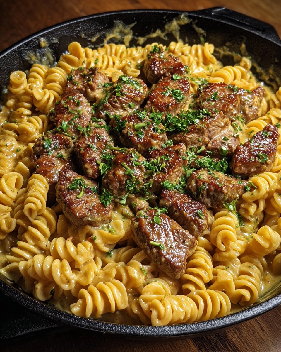 One-Pot Creamy Spicy Garlic Butter Steak & Pasta